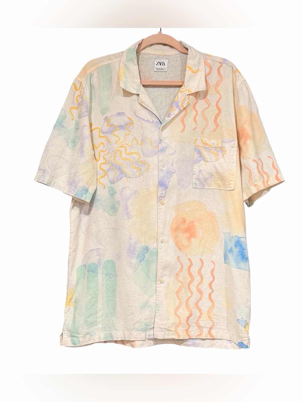 Zara Flowy Abstract‎ Linen Blend Button Up Shirt Watercolor Relaxed Fit